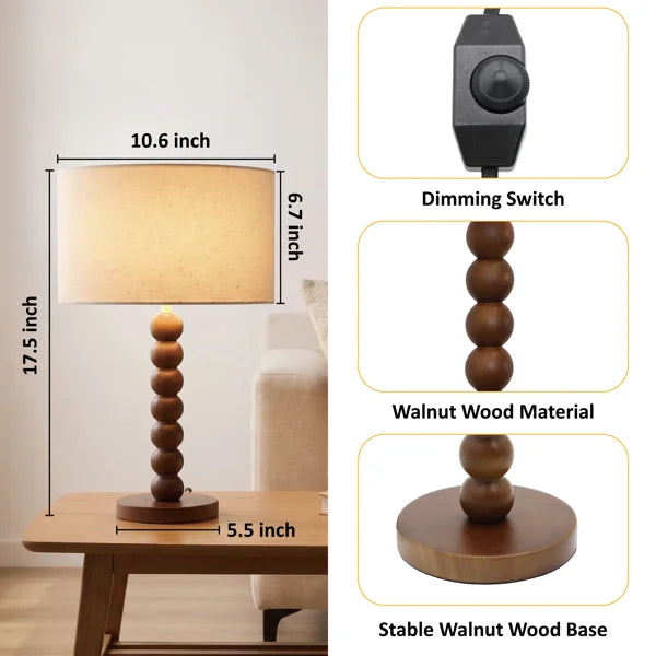 17.5-Inch Retro Walnut Rubberwood Table Lamp with Stacked Sphere Base and Beige Linen Drum Shade