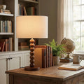 17.5-Inch Retro Walnut Rubberwood Table Lamp with Stacked Sphere Base and Beige Linen Drum Shade