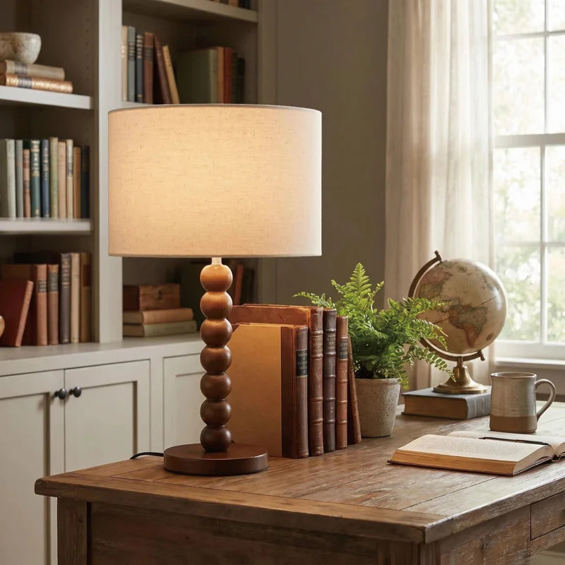 17.5-Inch Retro Walnut Rubberwood Table Lamp with Stacked Sphere Base and Beige Linen Drum Shade