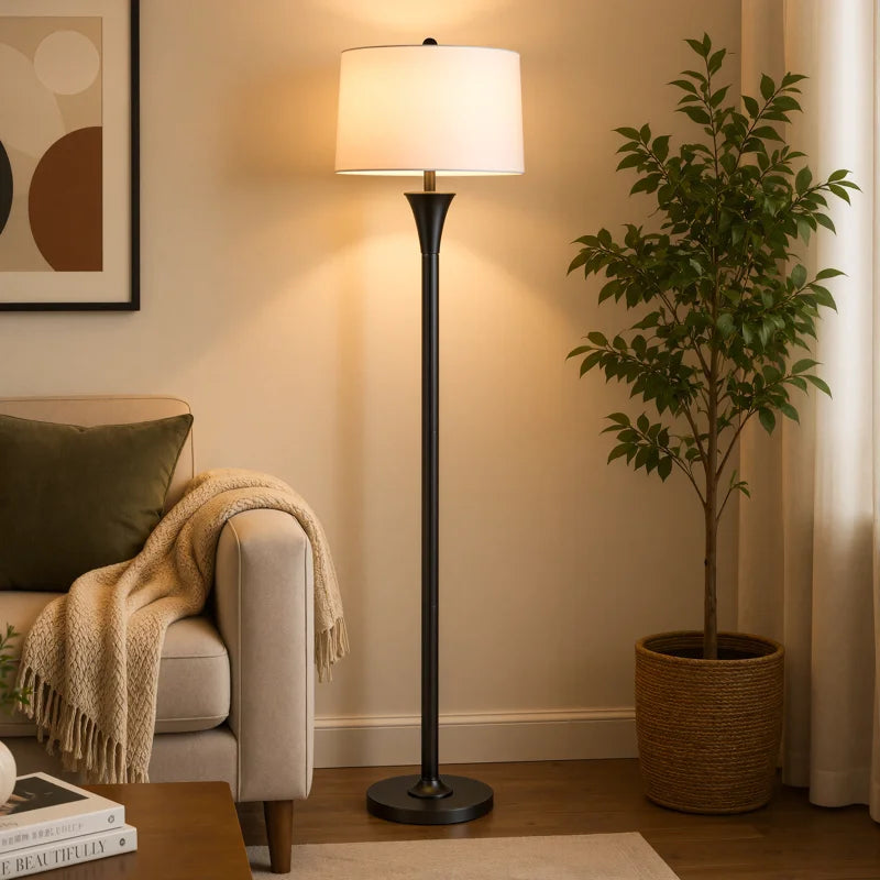 66-Inch Modern Metal Floor Lamp with Fabric Drum Shade